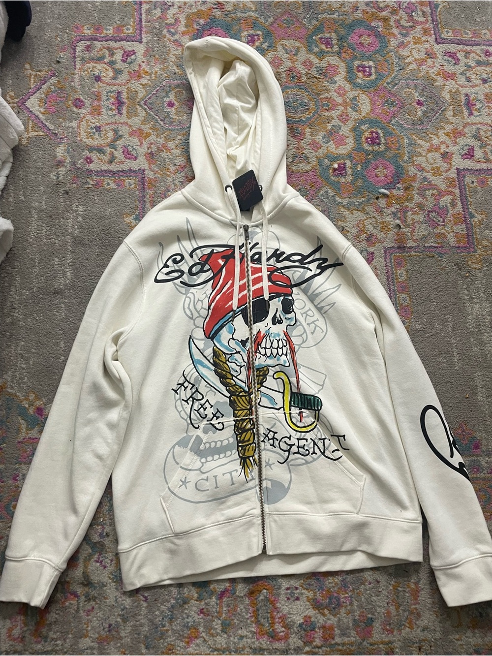 Ed Hardy Cream Zip-Up Hoodie with Red Skull Graphic
